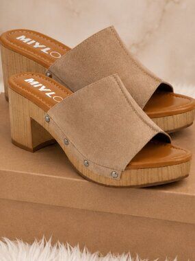 Women's Beige Faux Suede Platform Mule Heels